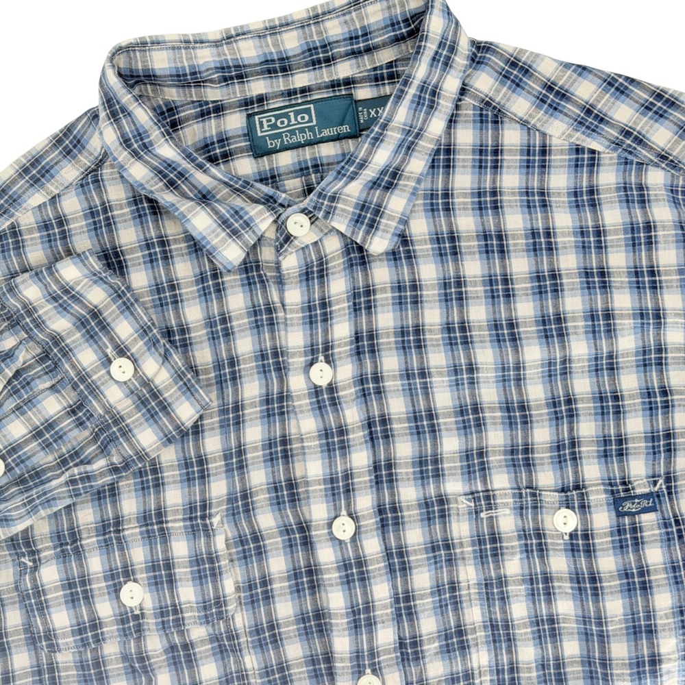 Vintage Polo Ralph Lauren Button Down Mens XXL Blue Plaid Linen Work Shirt Logo